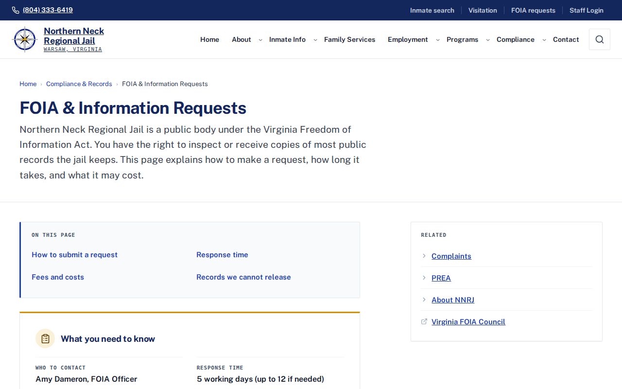 Northern Neck Regional Jail records request page for Gloucester release records