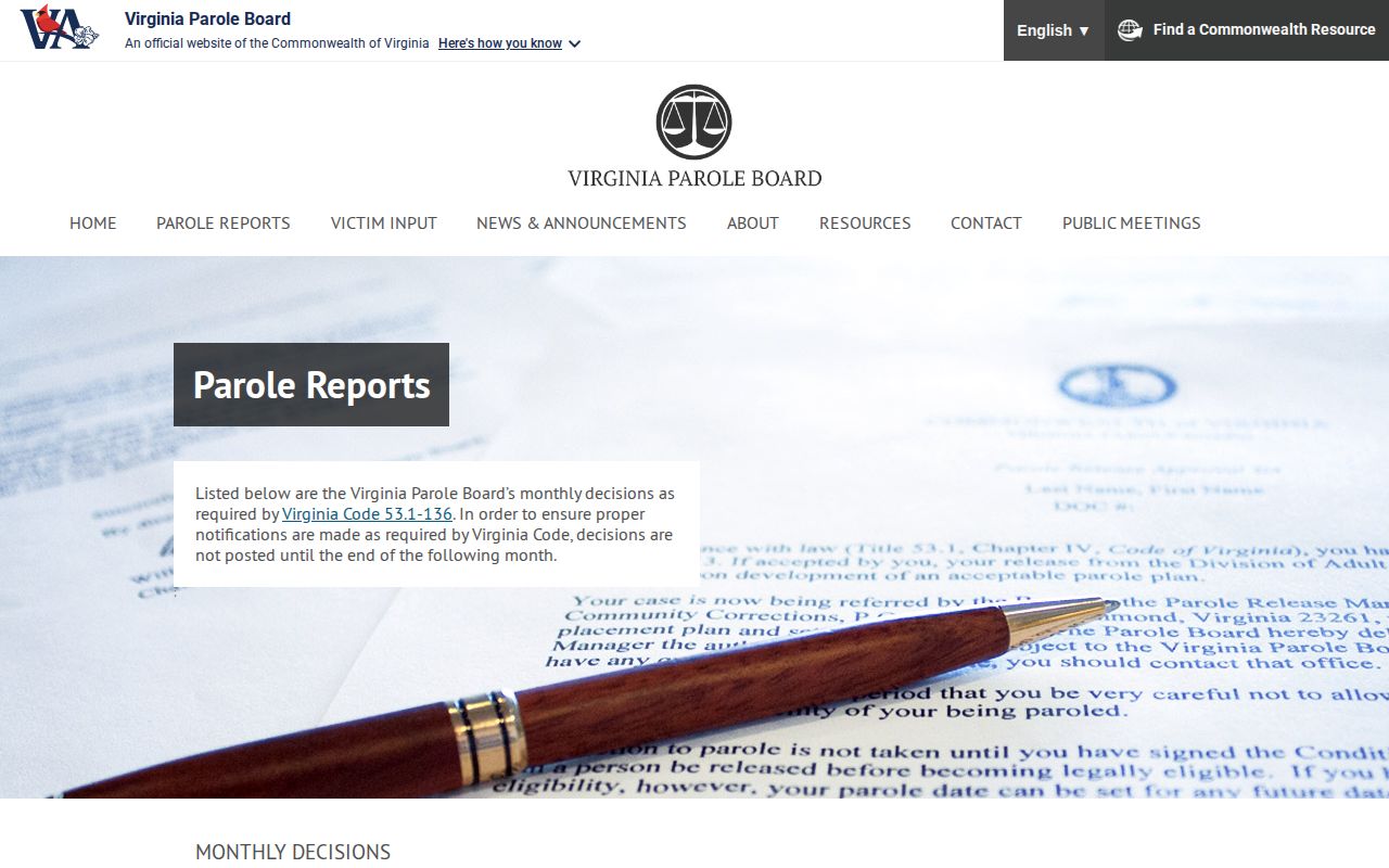 Virginia Parole Board reports used for Gloucester County parole records