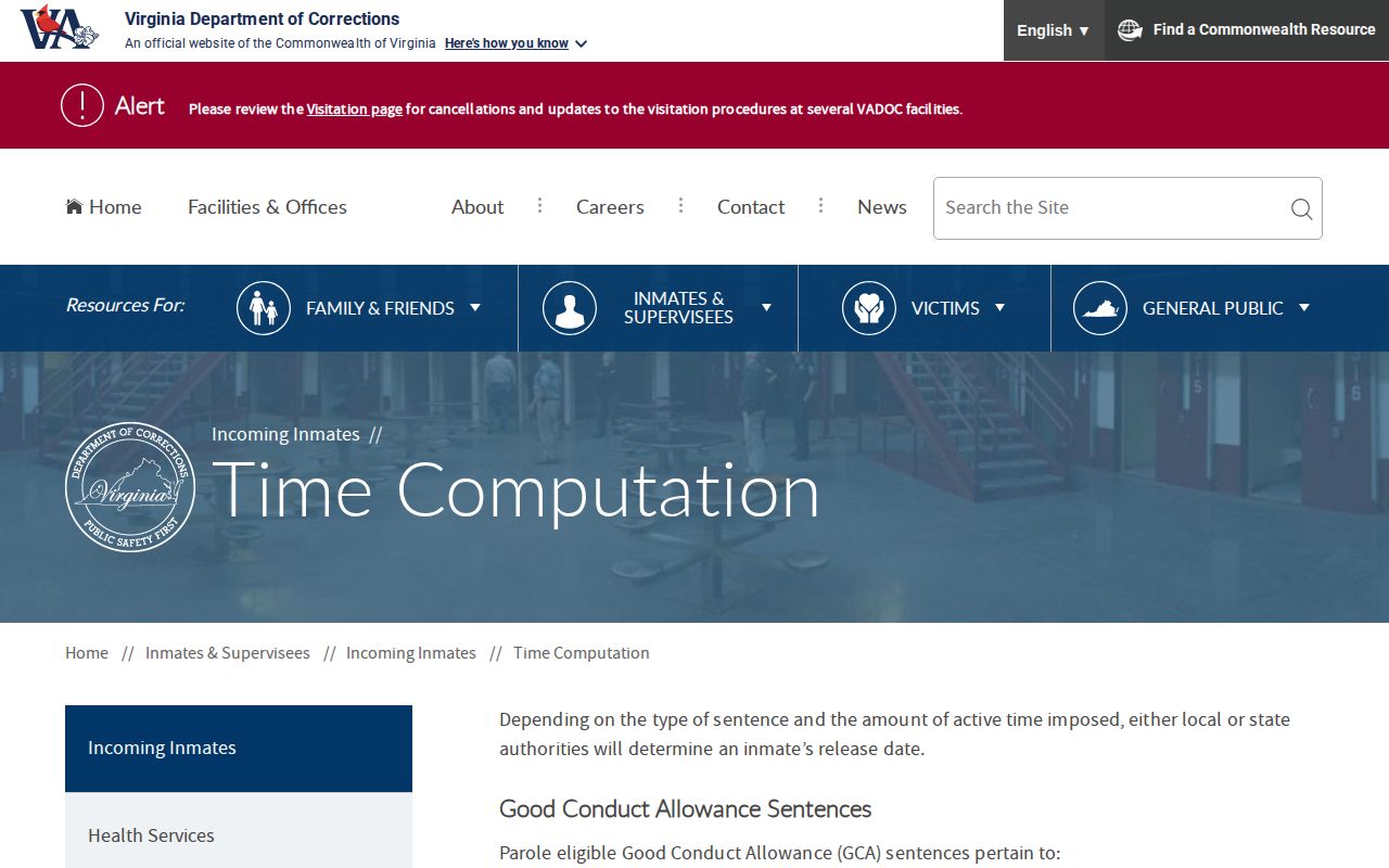 Gloucester County release date lookup through VADOC time computation